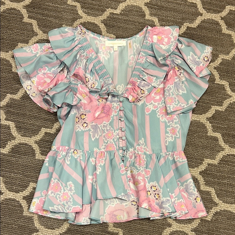 LoveShackFancy Pastel Pink & Mint Floral Silk Ruffle Blouse
